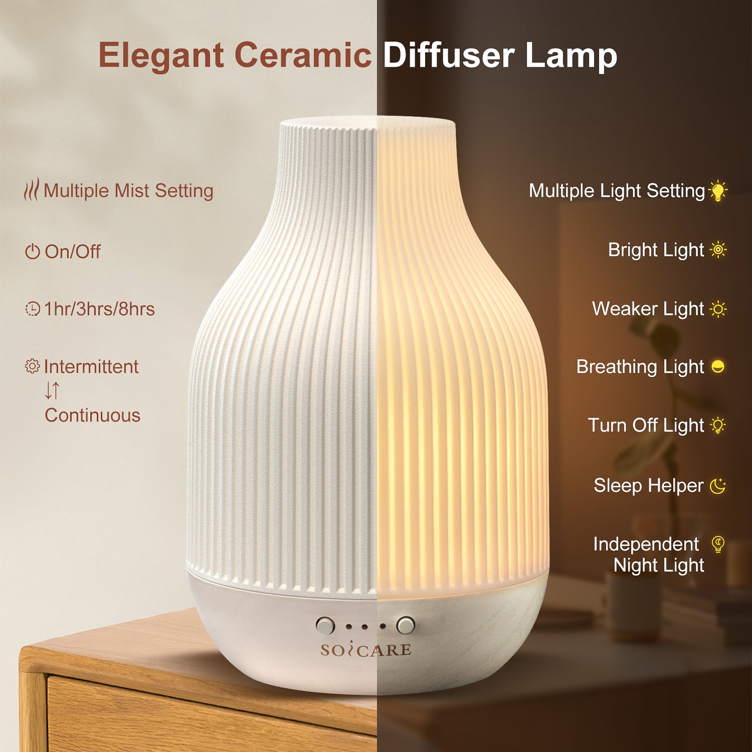 SOICARE Elegant Ceramic Diffuser for Essential Oils with Solid Wood Ba
